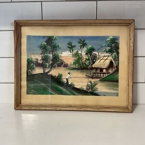 VTG Vietnamese Silk Painting of Traditional Country Scene Signed
